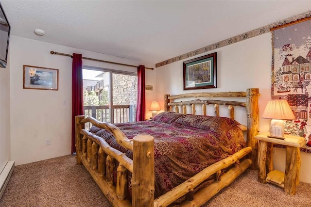 carpeted bedroom with a baseboard heating unit and access to outside