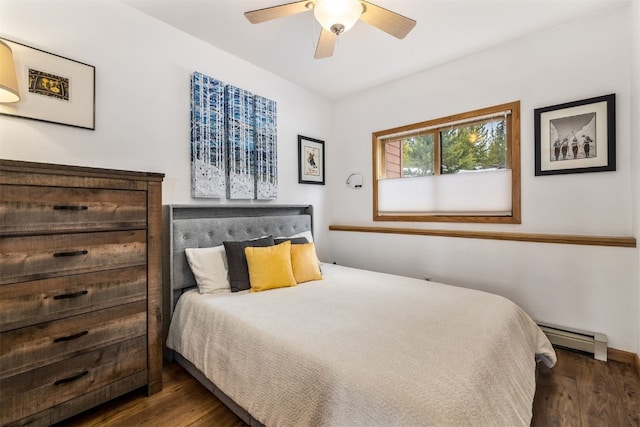 bedroom with baseboard heating, baseboards, a ceiling fan, and wood finished floors