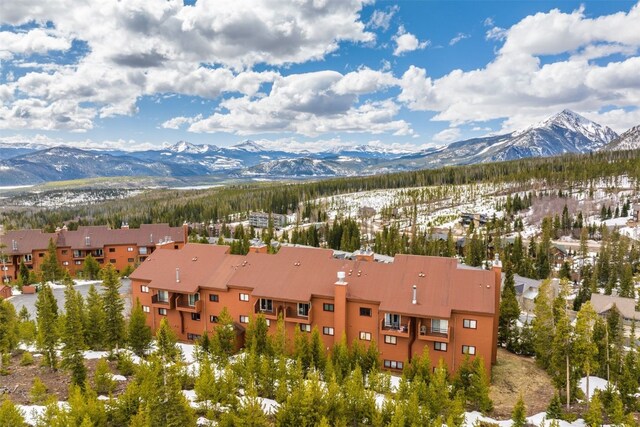 snowy aerial view with a mountain view