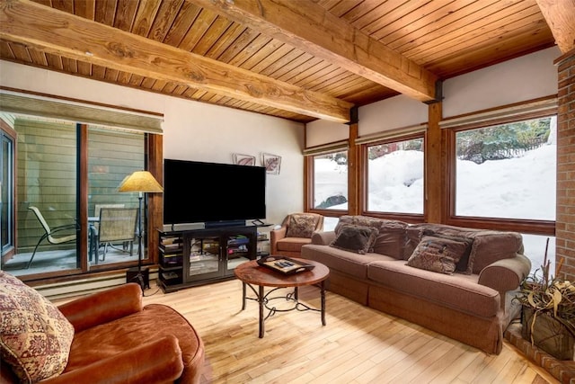 2700 Village Dr Unit B102, Steamboat Springs, CO 80487 - living area featuring wood ceiling, beamed ceiling, and hardwood / wood-style floors