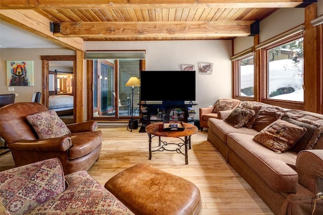2700 Village Dr Unit B102, Steamboat Springs, CO 80487 - living area featuring wood ceiling, beamed ceiling, and light wood-style flooring