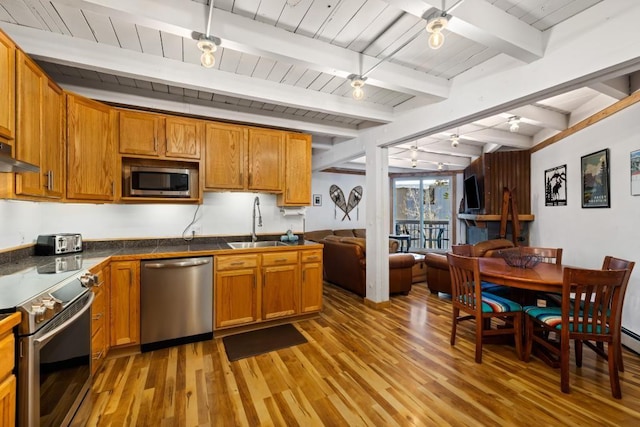 kitchen with beam ceiling, sink, wood-type flooring, and appliances with stainless steel finishes