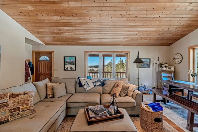 living room featuring wood ceiling, lofted ceiling, and wood finished floors