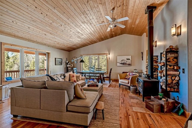 living area with lofted ceiling, wood finished floors, a wood stove, a ceiling fan, and wood ceiling