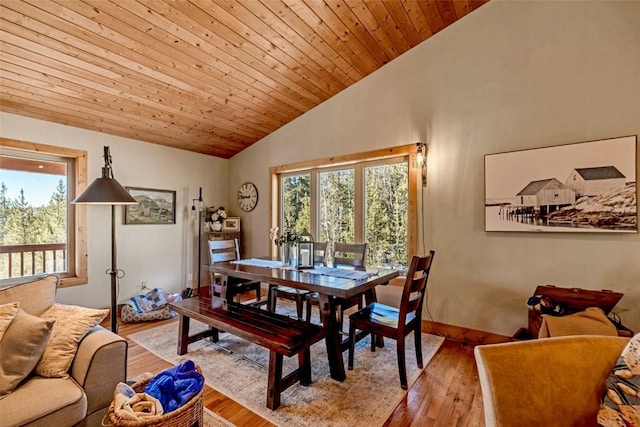 dining area with lofted ceiling, wooden ceiling, wood finished floors, and a wealth of natural light