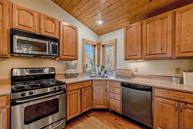 kitchen with light countertops, a sink, light wood-type flooring, wooden ceiling, and appliances with stainless steel finishes