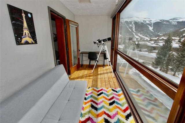 115 Beeler Pl Unit 1, Copper Mountain, CO 80443 - recreation room featuring a mountain view, visible vents, wood finished floors, and a textured ceiling