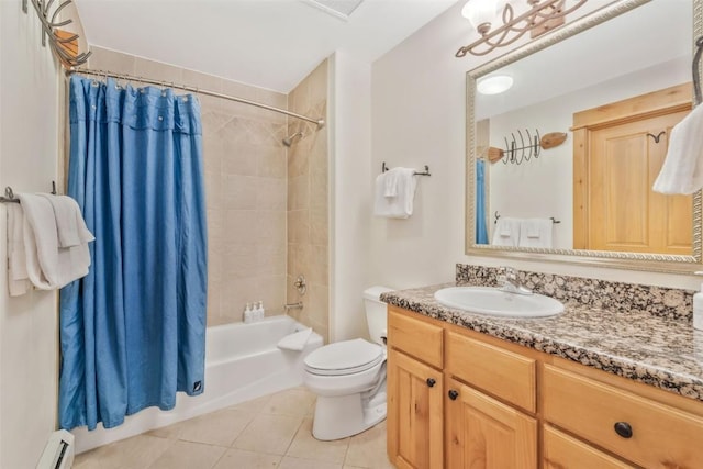 full bathroom featuring tile patterned flooring, toilet, a baseboard heating unit, shower / tub combo, and vanity