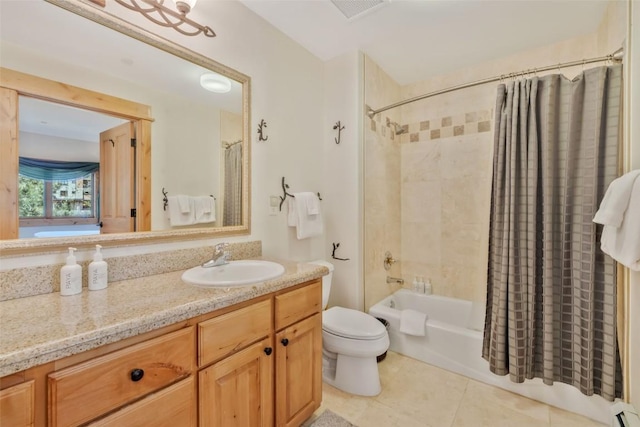 full bathroom with tile patterned floors, vanity, shower / bath combo, toilet, and a baseboard heating unit