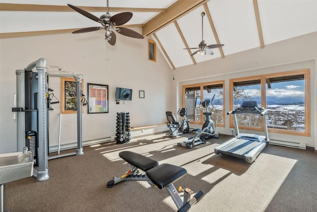 gym with high vaulted ceiling, a baseboard radiator, a ceiling fan, carpet floors, and baseboards
