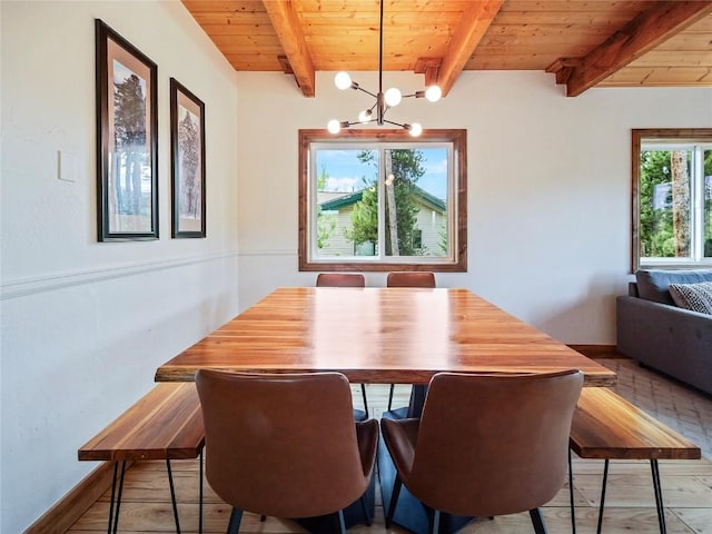 511 Fairview Blvd, Breckenridge, CO 80424 - dining space featuring a wooden ceiling with exposed beams and a chandelier