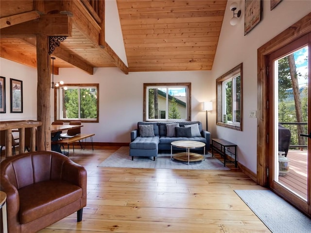 511 Fairview Blvd, Breckenridge, CO 80424 - living area with healthy amount of natural light, wood ceiling, lofted ceiling, and light wood finished floors