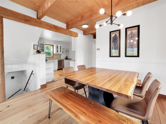 511 Fairview Blvd, Breckenridge, CO 80424 - dining area featuring light wood-style flooring, a chandelier, a wooden ceiling with exposed beams, and recessed lighting