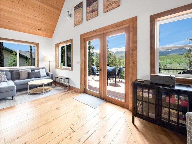 511 Fairview Blvd, Breckenridge, CO 80424 - doorway to outside featuring french doors, wood-type flooring, healthy amount of natural light, wood ceiling, and high vaulted ceiling