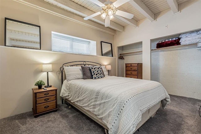 carpeted bedroom with beam ceiling, ceiling fan, and wooden ceiling