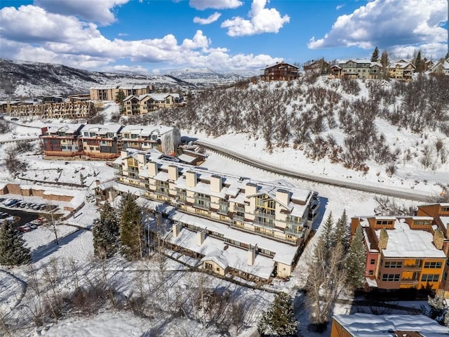 snowy aerial view featuring a mountain view