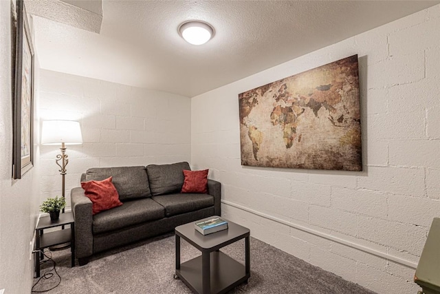 living room featuring carpet floors and a textured ceiling