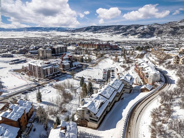 snowy aerial view featuring a mountain view