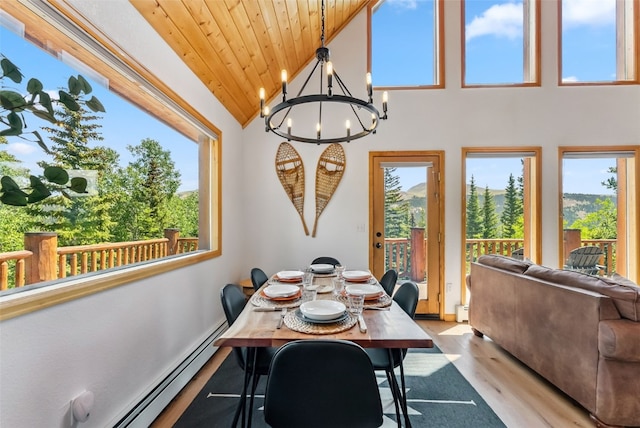 1375 Roberts Rd, Alma, CO 80440 - dining room featuring plenty of natural light, a chandelier, a baseboard heating unit, light wood-style flooring, and wood ceiling