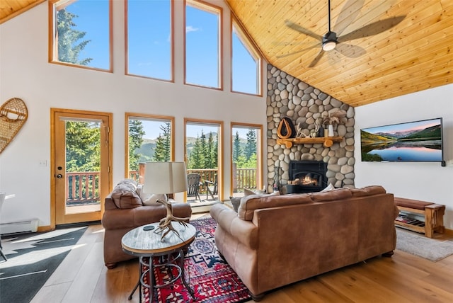 1375 Roberts Rd, Alma, CO 80440 - living room featuring high vaulted ceiling, wood-type flooring, ceiling fan, wood ceiling, and a baseboard heating unit