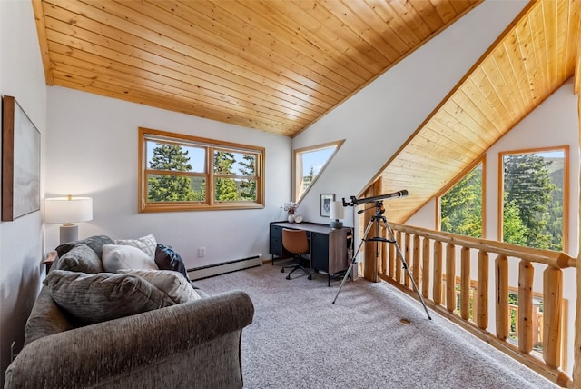 1375 Roberts Rd, Alma, CO 80440 - carpeted office with vaulted ceiling, baseboard heating, and wooden ceiling