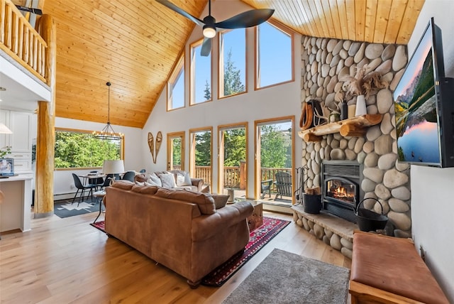 1375 Roberts Rd, Alma, CO 80440 - living room featuring wood ceiling, high vaulted ceiling, healthy amount of natural light, light wood-style flooring, and baseboard heating