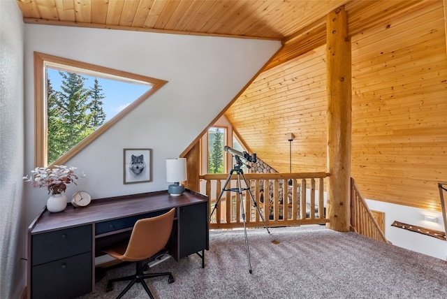1375 Roberts Rd, Alma, CO 80440 - home office featuring wood ceiling, carpet floors, and lofted ceiling