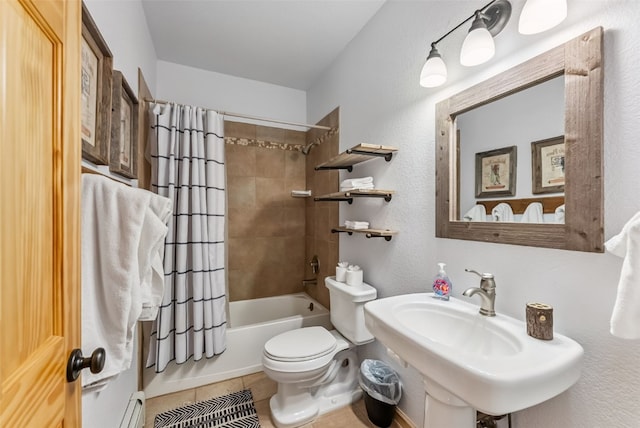 1375 Roberts Rd, Alma, CO 80440 - full bathroom featuring shower / tub combo with curtain, tile patterned floors, a baseboard radiator, and a textured wall