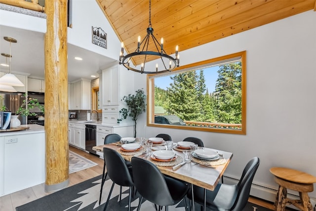 1375 Roberts Rd, Alma, CO 80440 - dining room with a chandelier, light wood finished floors, wood ceiling, recessed lighting, and high vaulted ceiling