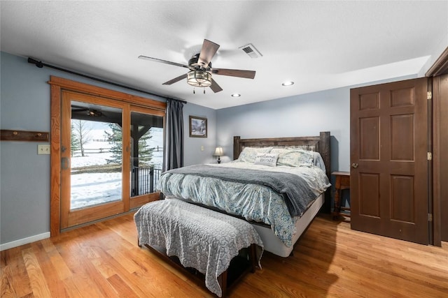 26395 County Road 33a, Steamboat Springs, CO 80487 - bedroom featuring access to outside, light wood-style floors, baseboards, ceiling fan, and recessed lighting