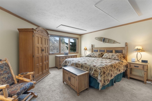 bedroom with light carpet and ornamental molding