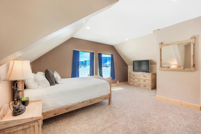bedroom featuring recessed lighting, carpet floors, lofted ceiling, and baseboards