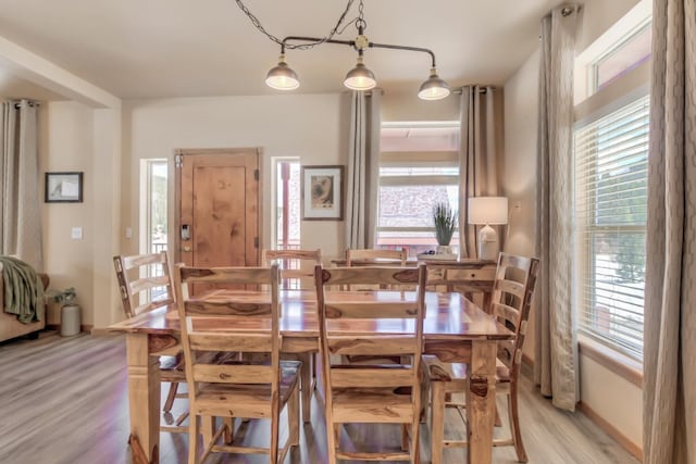 dining room with baseboards, a healthy amount of sunlight, and light wood-type flooring