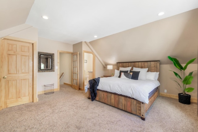 bedroom with recessed lighting, lofted ceiling, carpet flooring, and baseboards