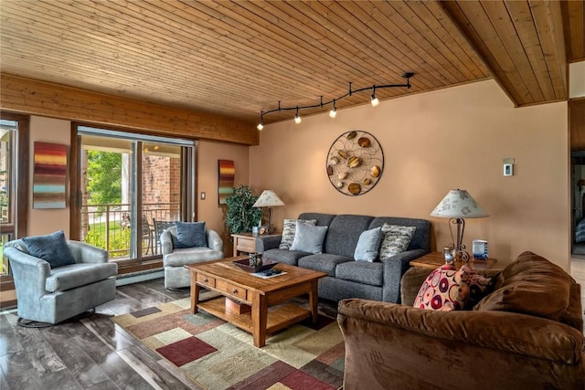 living room featuring wood ceiling and track lighting