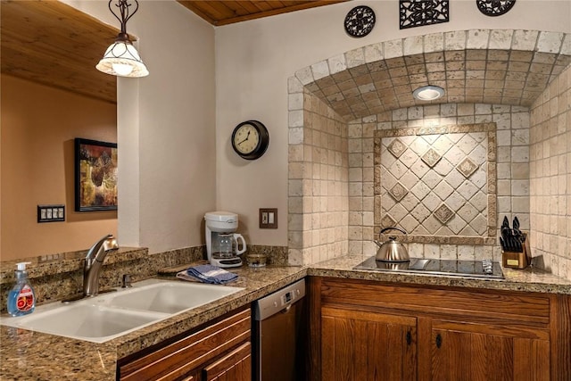 kitchen with hanging light fixtures, sink, stainless steel dishwasher, black electric cooktop, and wood ceiling