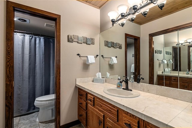 bathroom with vanity, toilet, and wood ceiling