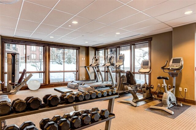 1175 Bangtail Way Unit 2110, Steamboat Springs, CO 80487 - gym with recessed lighting, carpet, baseboards, and a paneled ceiling