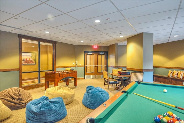 rec room featuring a paneled ceiling, carpet flooring, recessed lighting, and billiards
