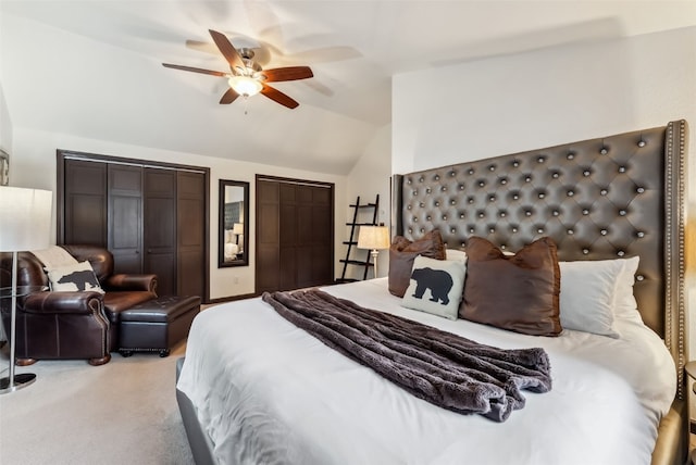 285 Davis Ct, Blue River, CO 80424 - bedroom with two closets, lofted ceiling, light colored carpet, and ceiling fan