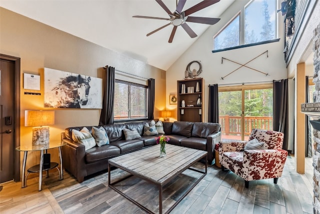 285 Davis Ct, Blue River, CO 80424 - living room featuring high vaulted ceiling, a ceiling fan, and wood finished floors