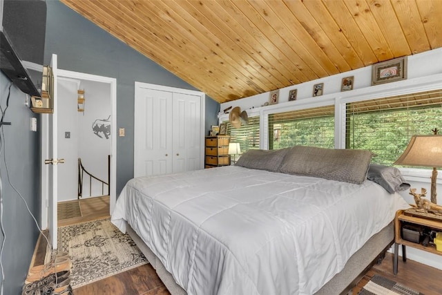 136 Lance Ln Unit 2, Breckenridge, CO 80424 - bedroom with vaulted ceiling, wood ceiling, wood finished floors, and a closet