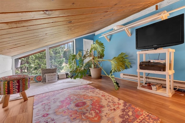 136 Lance Ln Unit 2, Breckenridge, CO 80424 - living room with lofted ceiling, wood finished floors, a baseboard radiator, and wooden ceiling