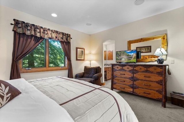 2743 Timber Ct Unit 3, Steamboat Springs, CO 80487 - bedroom with carpet, arched walkways, and connected bathroom