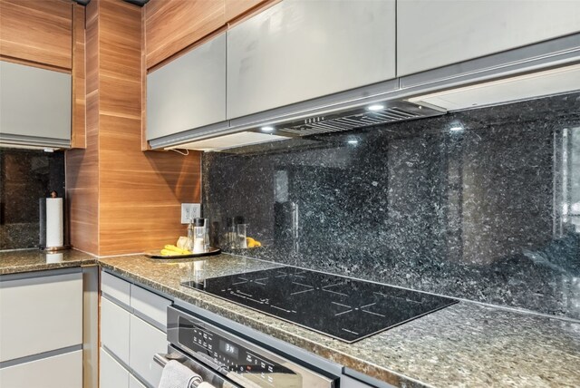 344 Illinois Gulch Rd Unit 201, Breckenridge, CO 80424 - kitchen with black electric stovetop, oven, white cabinetry, tasteful backsplash, and under cabinet range hood