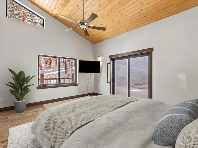 bedroom with wood finished floors, access to exterior, baseboards, wood ceiling, and high vaulted ceiling