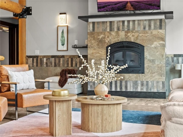 433 97th Cir, Blue River, CO 80424 - unfurnished living room featuring high vaulted ceiling, wood-type flooring, beam ceiling, and stairway