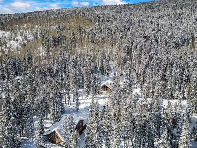 snowy aerial view with a forest view