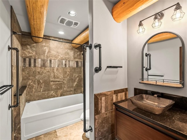 bathroom featuring recessed lighting, visible vents, vanity, and  shower combination