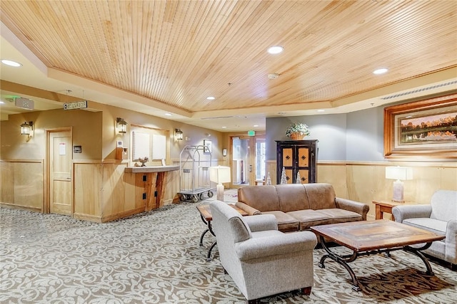 140 Ida Belle Dr Unit 8294, Dillon, CO 80435 - living room with wood ceiling, a tray ceiling, wainscoting, light carpet, and recessed lighting